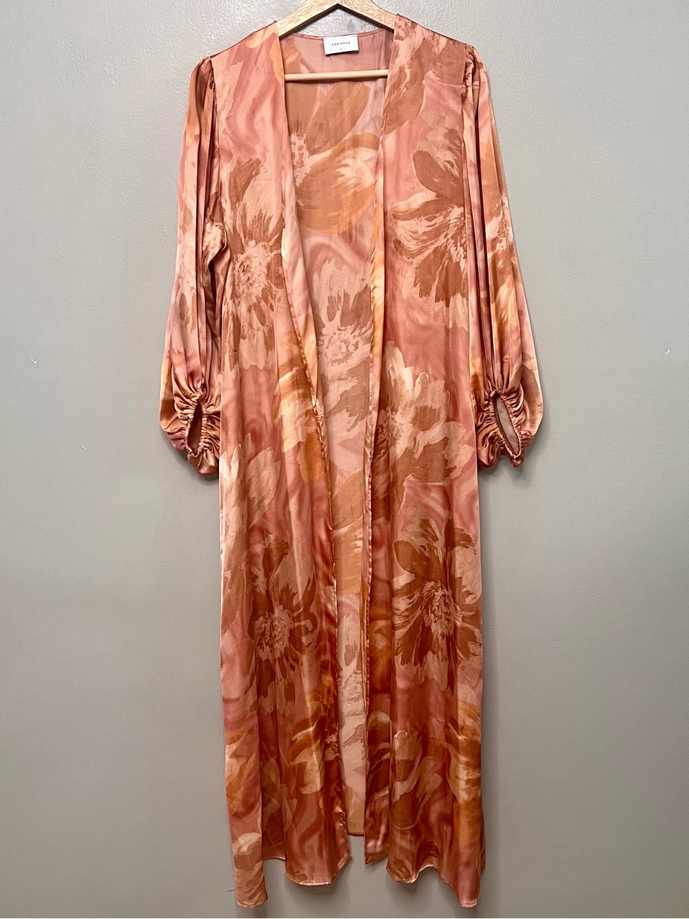 Adrienne Satin Floral Long Duster Robe Kimono Orange/Pink Cover Up Size Large